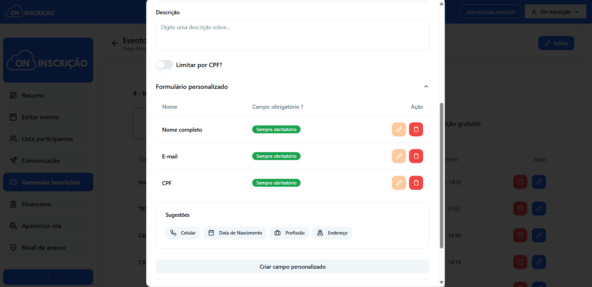 tela de formulário personalizado para eventos - Churchfy - Plataforma de eventos e inscrições